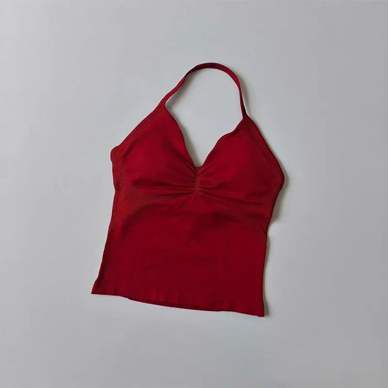Sexy Halter Neck Beautiful Back High Waist Peach Sports Bras Shorts Suit Pilates Gathering Yoga Vest Training Fitness Bra Sets - Matrix-studios.com