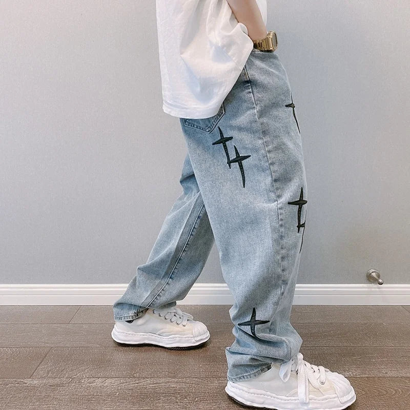 Prints Jeans Men 2023 New Streetwear Baggy Wide Leg Jeans Korean Fashion Drapes Straight Casual Loose Denim Cargo Pants - Matrix Studios