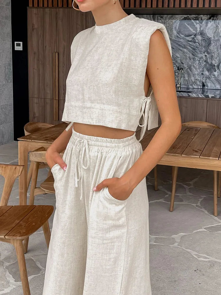 Spring Summer 2025 Women Holiday Linen Pant Set Crop Tops Solid Outfits 2 Two Piece Matching Set For Women - Matrix-studios.com