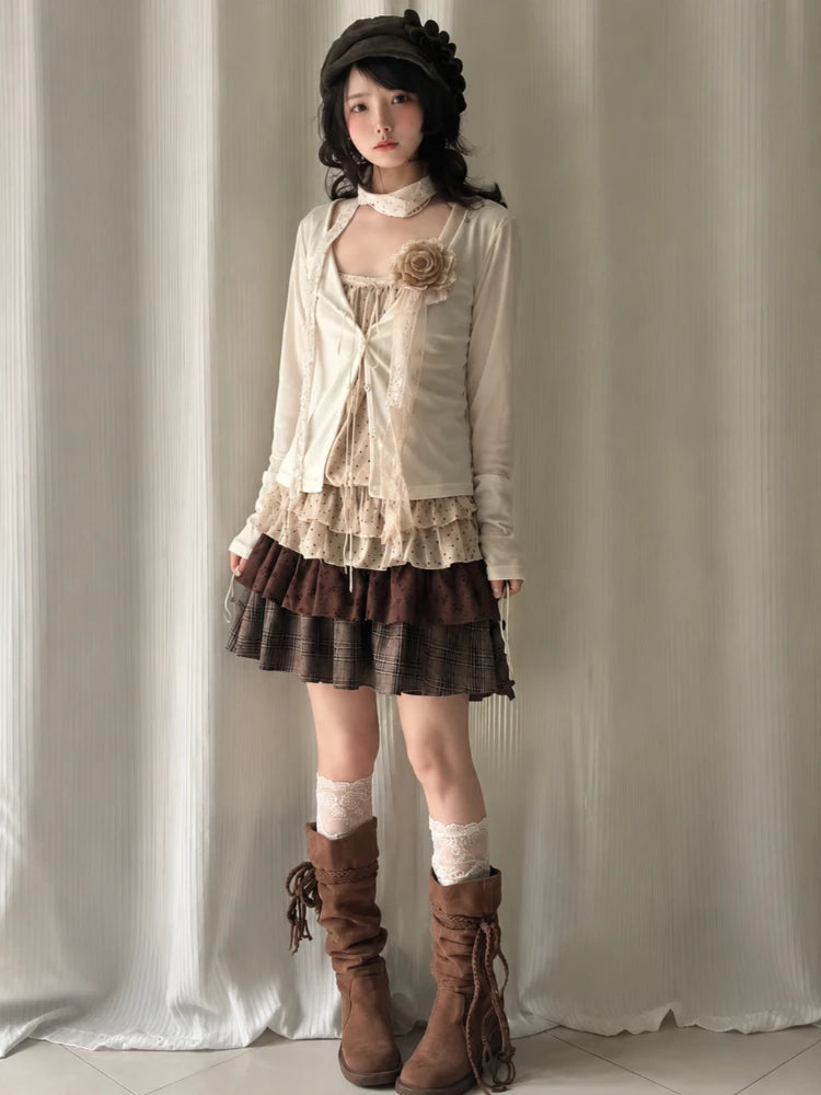 Japanese Sweet Preppy Style 2 Piece Set Women Kawaii Lace Patchwork Bow Tops + Y2k Plaid Mini Skirt Elegant Fashion Outifits New - Matrix-studios.com