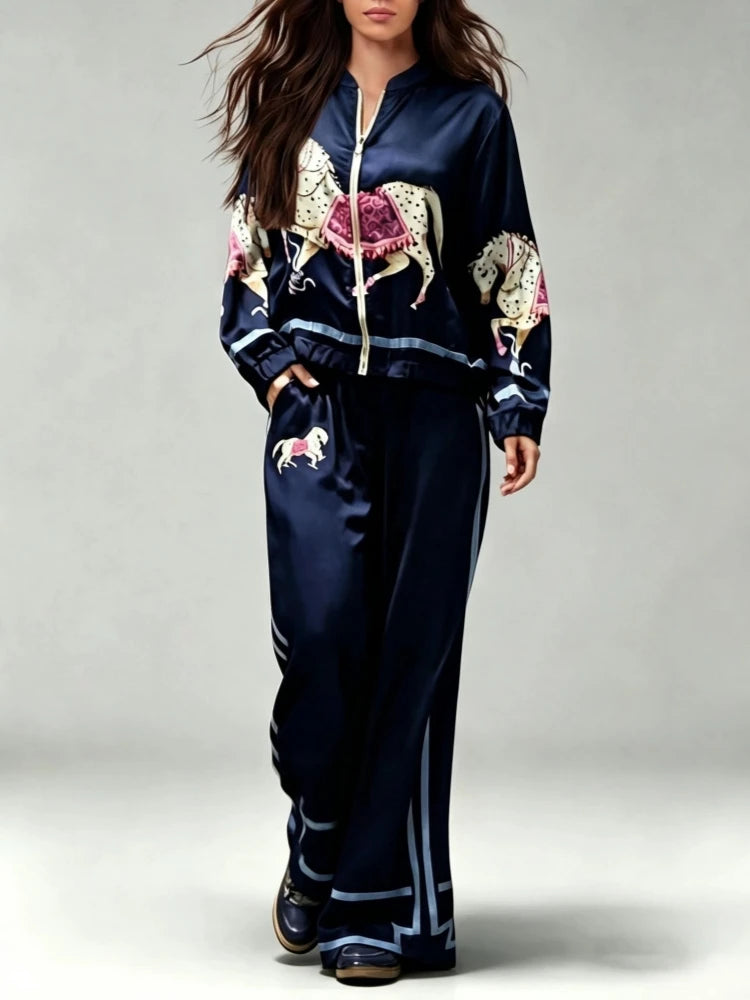 Autumn Animal Print Coat Trousers Suit Women Zipper Casual Long Sleeve Female Coats Satin 2 Pieces Set High Waist Pant Lady Sets - Matrix-studios.com