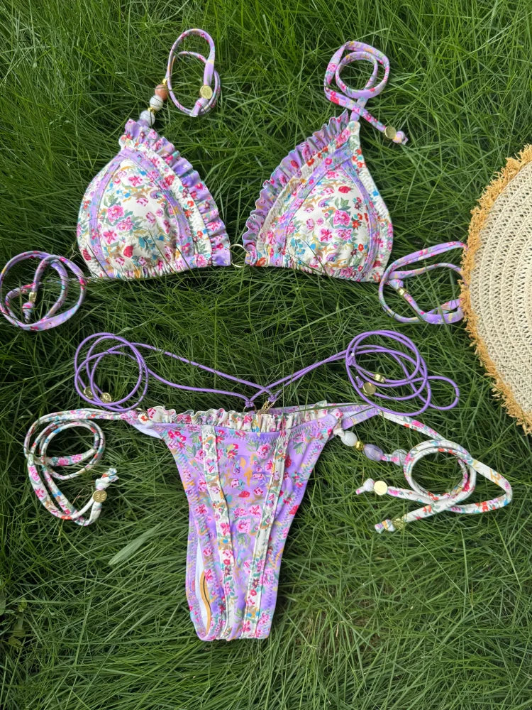 Sexy Triangle Mini Bikini Sets Micro Thongs Swimsuit Women Bathing Suit Biquini Bandage Beachwear Print Swimwear Thong Bikini - Matrix-studios.com