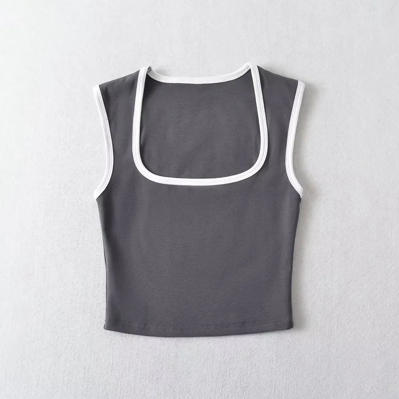 Woman Fashion Slim Solid Contrust Camis Casual Sleeveless Tanks Square Collar Crop Tops Clothing Streetwear Mujer 2024 Y2k - Matrix-studios.com