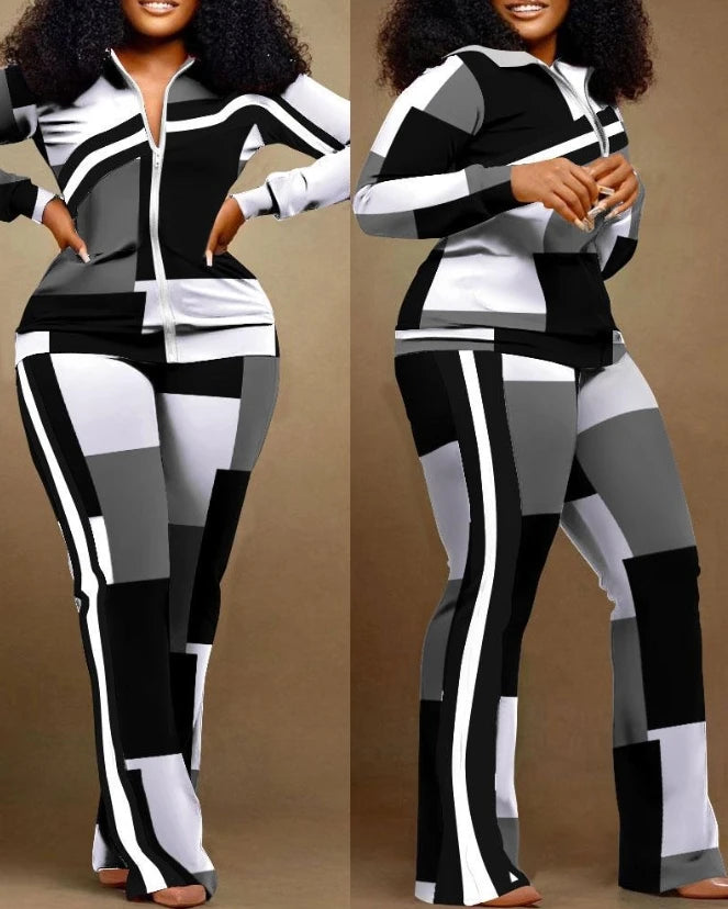 Two Piece Set Women Outfit 2023 Autumn Fashion Geometric Print Stand Collar Long Sleeve Zip Up Top & Casual Sporty Pants Set - Matrix-studios.com