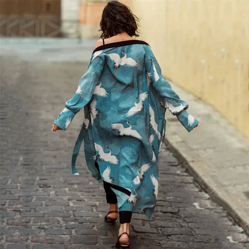 2025 Bikini Cover-ups Pink Boho Print Self Belted Front Open Long Kimono Dress Beach Tunic Women Swim Suit Cover Up Dress - Matrix Studios