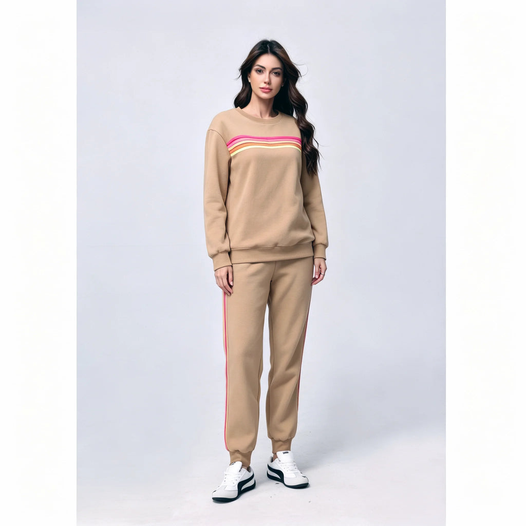 Women's 2 Piece Outfits Rainbow Stripe Sweatsuit Set Long Sleeve Crewneck Sweatshirt Pullover Top & Jogger Pants with Pockets Soft Casual Loungewear Tracksuit Oversized Relaxed Fit Matching Set for Fall Winter Streetwear