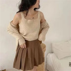 Knitted Cardigan Two-piece Set Spring and Autumn Thickened Sweater Suspender Top Sweater Vest Student Coat White Cardigan Pink - Matrix Studios