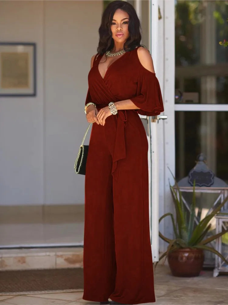 Spring Summer Solid Color Women Sexy Deep V Neck Short Sleeve Rompers Fashion Slim Fit Lace Up Elegant Female Wide Leg Jumpsuit - Matrix Studios