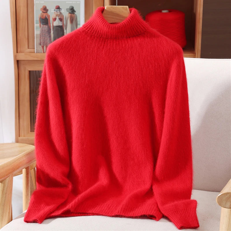 Autumn And Winter New 100% Mink Cashmere Sweater Ladies' High Lapel Solid Color Padded Pullover Wool Knitted Bottoming Shirt - Matrix Studios