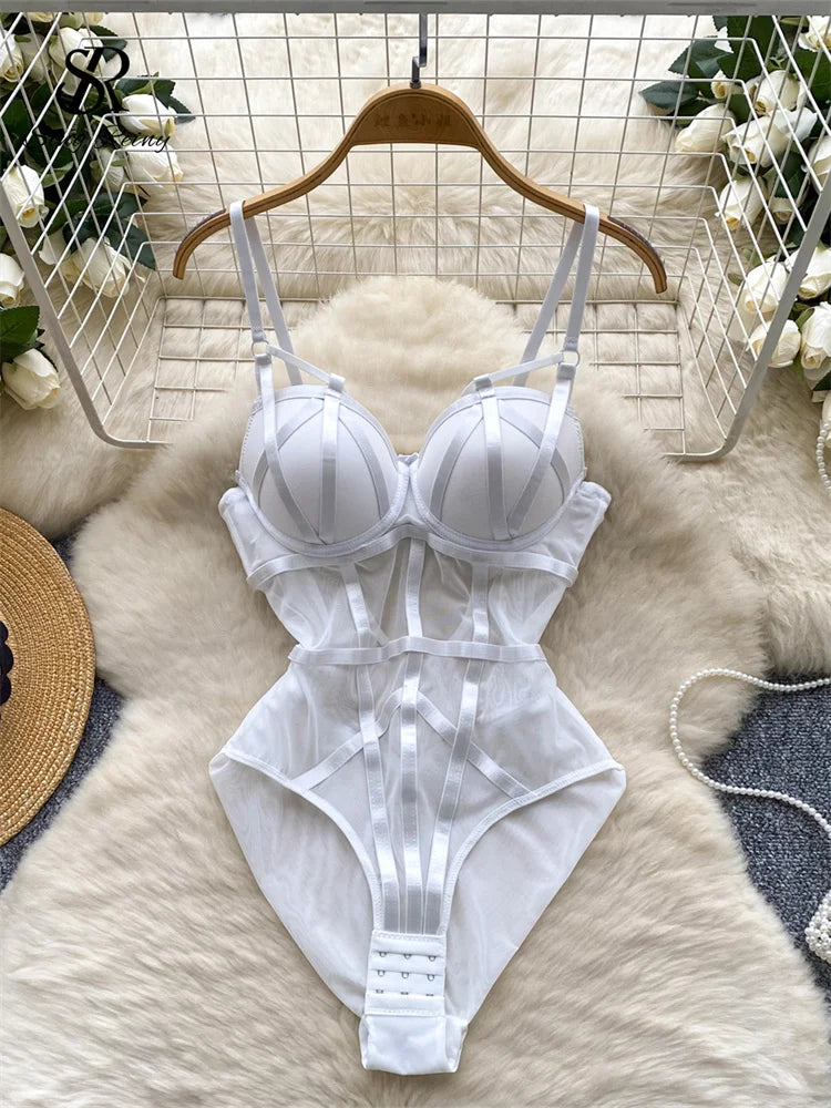 SINGREINY Women Corset Slim Sexy Bodysuits Sleeveless Gauze Short Playsuits Fashion Open Crotch Underwear Camis Solid Rompers - Matrix Studios