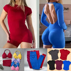 3 Pieces Gym Set Woman Seamless Short Sleeve Top Scrunch Gym Shorts Sport Strappy Bra Bodysuit Workout Suits Gym Clothes - Matrix-studios.com
