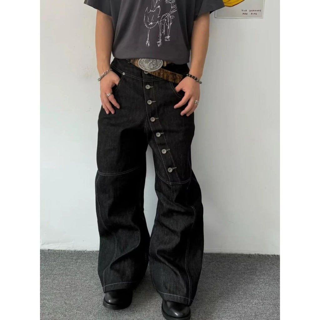 American Retro Long Row Button Design Men's Jeans High Street Loose Wide Leg Floor-Length Trousers Trendy Casual Jeans - Matrix Studios
