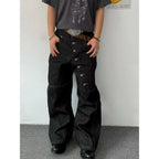 American Retro Long Row Button Design Men's Jeans High Street Loose Wide Leg Floor-Length Trousers Trendy Casual Jeans - Matrix Studios