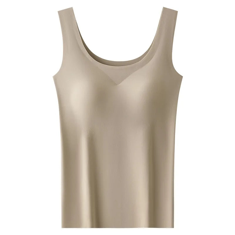 M-2XL Ice Silk Seamless One-piece Bottoming Tank Tops with Chest Pads Women Inner Outerwear Wide Shoulder Sleeveless Tops - Matrix-studios.com