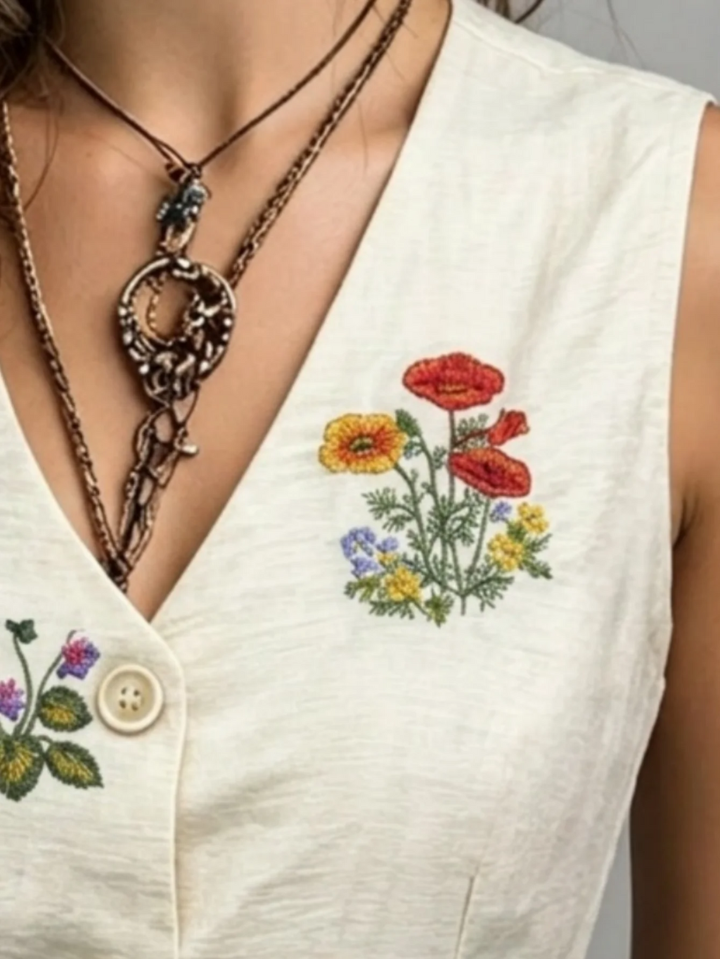Spring Summer Autumn Linen Gilet with Unique Random Embroidery, Elegant Versatile Commuter Outer‑wear Vest - Matrix Studios