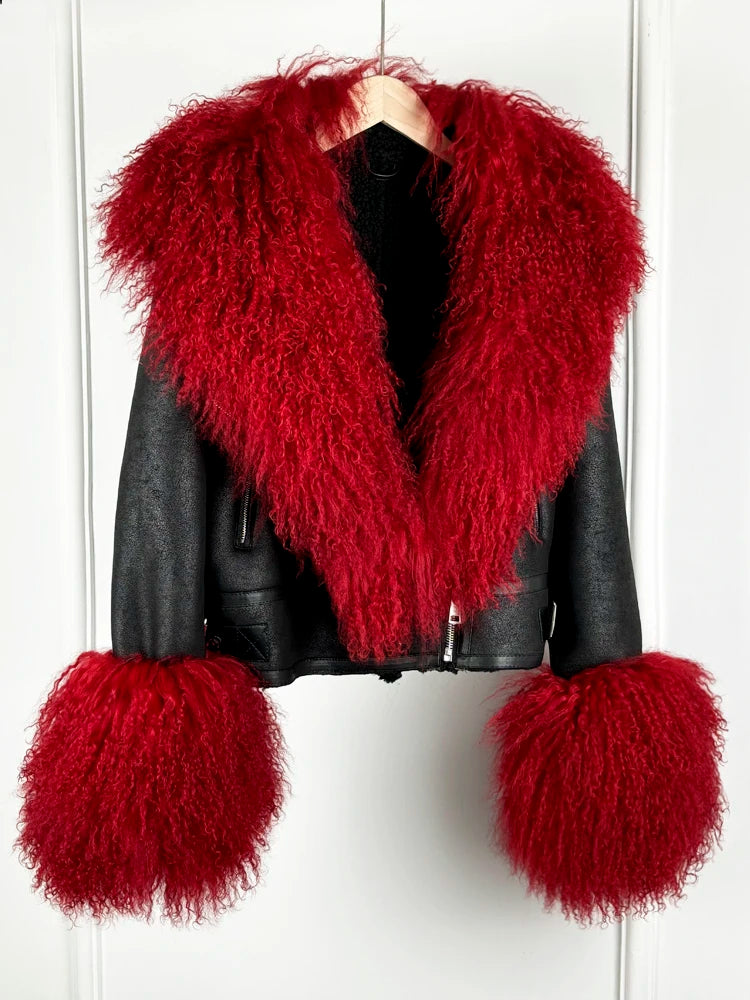 Janveny Luxury Natural Mongolian Sheep Fur Coat Women Winter Short Faux Leather Jacket Female Moto Biker Thick Outwear - Matrix Studios