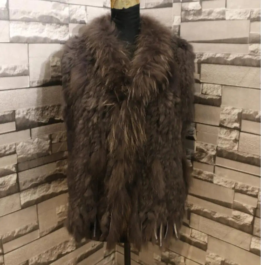 Harppihop womens natural real rabbit fur vest with raccoon fur collar waistcoat/jackets rex rabbit knitted winte - Matrix Studios