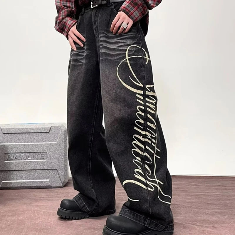 Autumn Men's Letter Printed Straight-Leg Baggy Jeans Hip Hop Fashion Washed Denim Pantalones American Retro Y2K Streetwear Jean - Matrix Studios