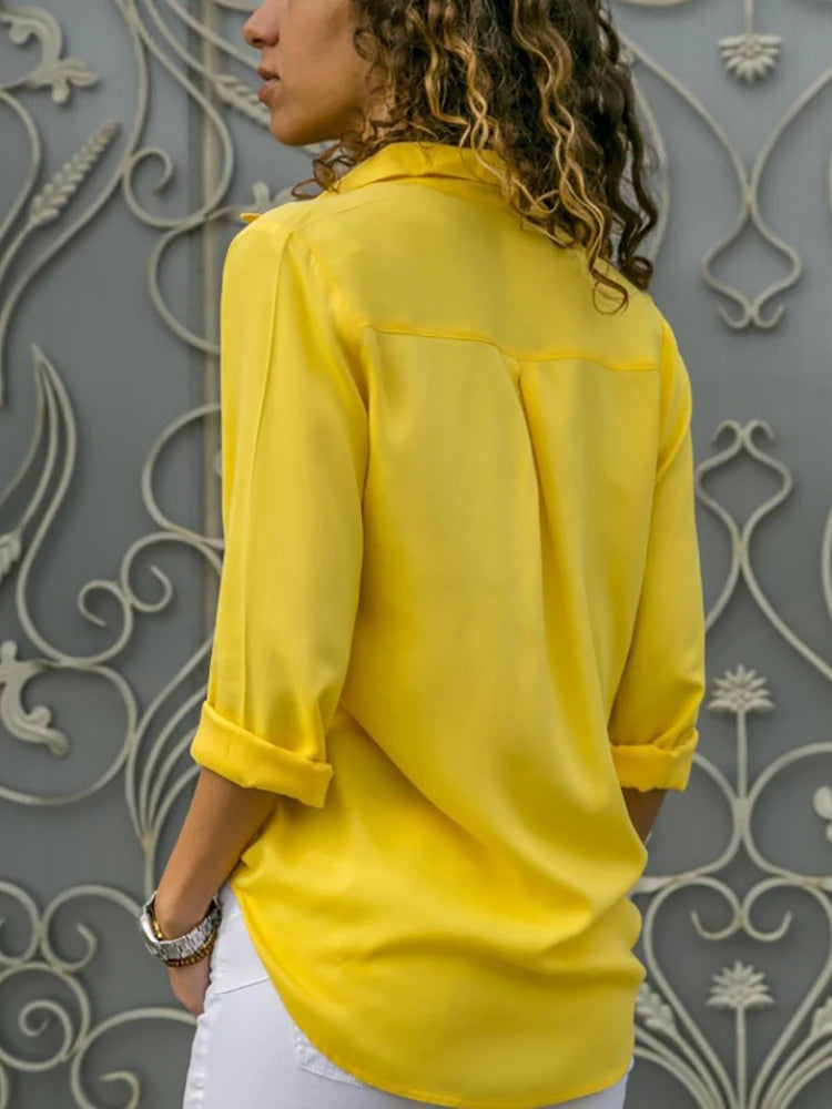 Women Elegant Solid Chiffon Blouse Spring Summer Casual Long Sleeve V Neck Loose Shirt Office Lady Tunics Oversized Tops 2024 - Matrix-studios.com