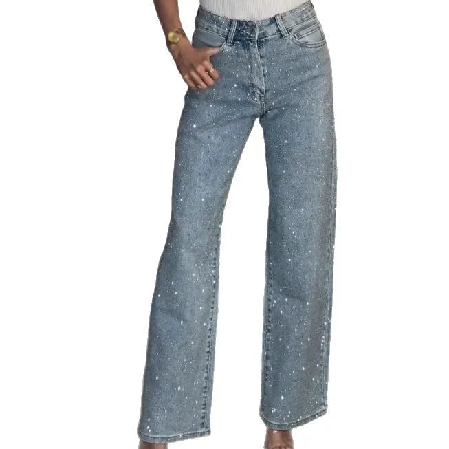 Straight Jeans for Women Diamonds Pants Stretch High Waist Washed Distressed Pockets Vintage Denims Streetwear Female Trousers - Matrix-studios.com