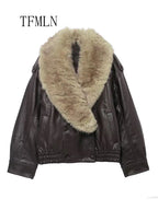 TFMLN 2025 Winter Women Loose Faux Leather Jacket Fashion Removed Big Fur Collar Causal Coat High Street Double Breasted Outwear - Matrix Studios