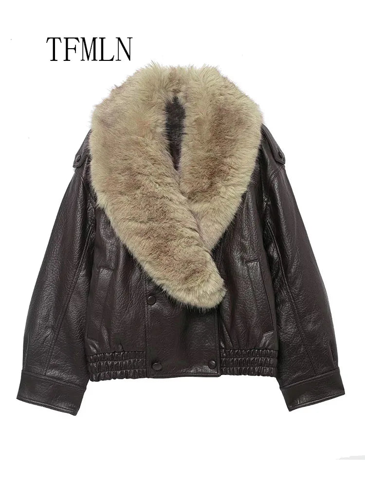 TFMLN 2025 Winter Women Loose Faux Leather Jacket Fashion Removed Big Fur Collar Causal Coat High Street Double Breasted Outwear - Matrix Studios