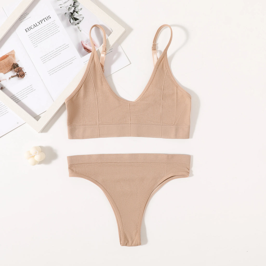 Women Seamless Bra Set Push Up Bras V-neck Tops High Rise Briefs Seamless Underwear Wire Free Brassiere Sexy Lingerie Set - Matrix-studios.com