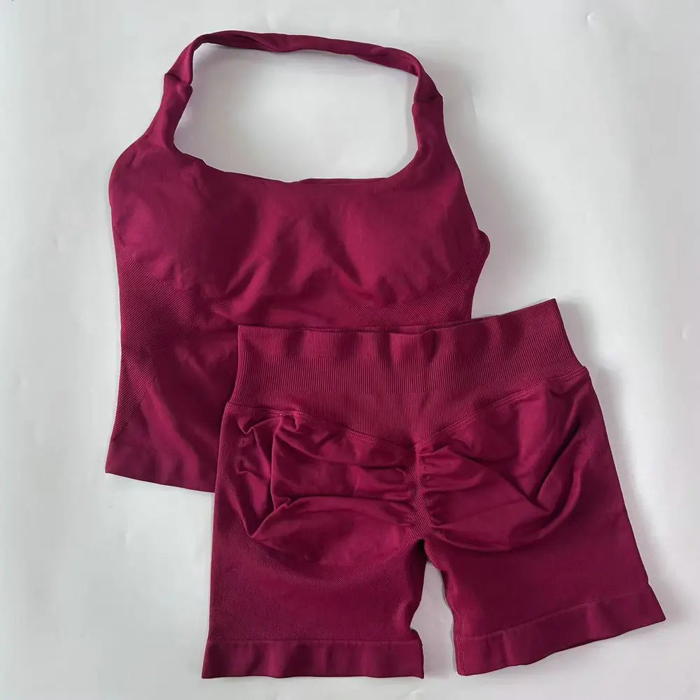No Logo 2 Pieces Gym Set Women Backless Halter Tops High Waist Seamless Shorts Gym Suit Fitness Clothes Sportswear Workout Sets - Matrix-studios.com