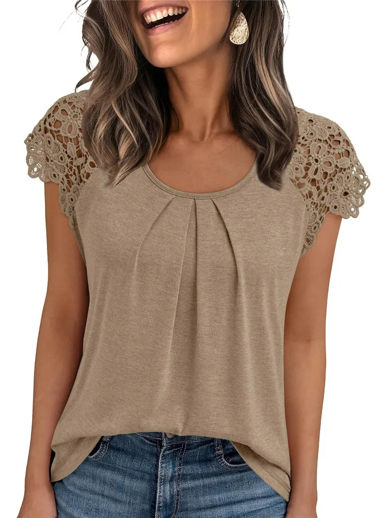 Summer Women Shirts Elegant Hollow Out Lace Short Sleeve O-neck Casual Chic Oversized White Blouses Solid Color Streetwear Tops - Matrix-studios.com