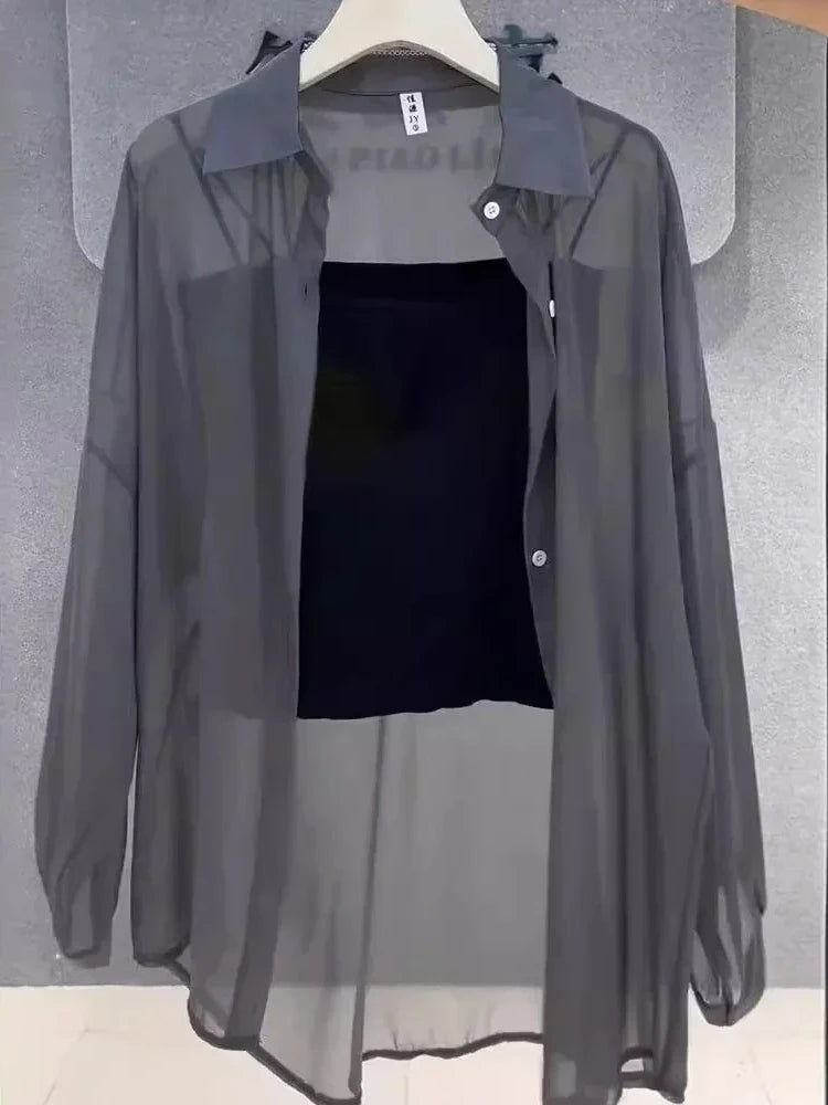 Plus Size Women’s Tops 2025 Summer Breathable and Sun-Proof Ice Silk Button Thin Loose Sheer Chiffon Blouses Shirts Long Sleeve - Matrix-studios.com