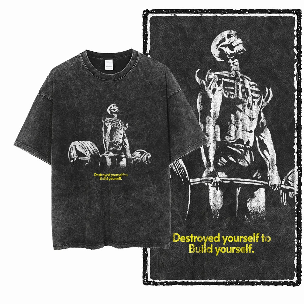 YG BODY BUILDING Printed Cotton Acid Washed Graphic Unisex T Shirt Cool CROSSFIT Streetwear Men Tshirts Big Size Tee for Men - Matrix Studios
