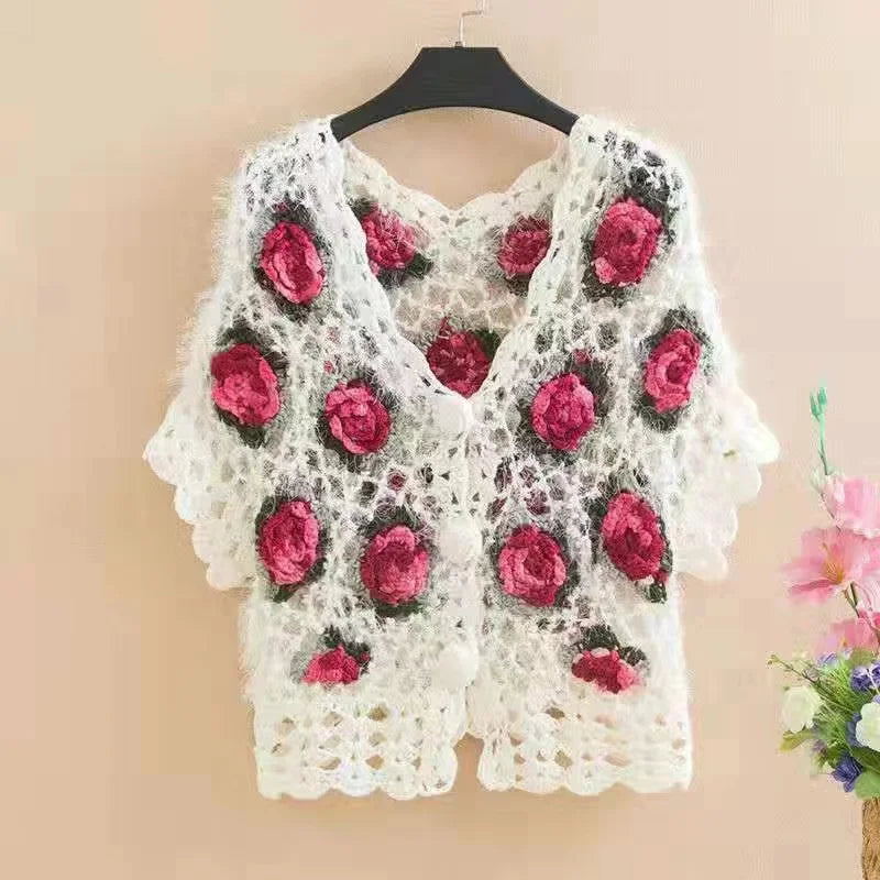 Three-Dimensional Flower Openwork Crocheted Sweater Cardigan Women's Spring And Autumn New Heavy Industry Joker Sweater 3XL Coat - Matrix Studios