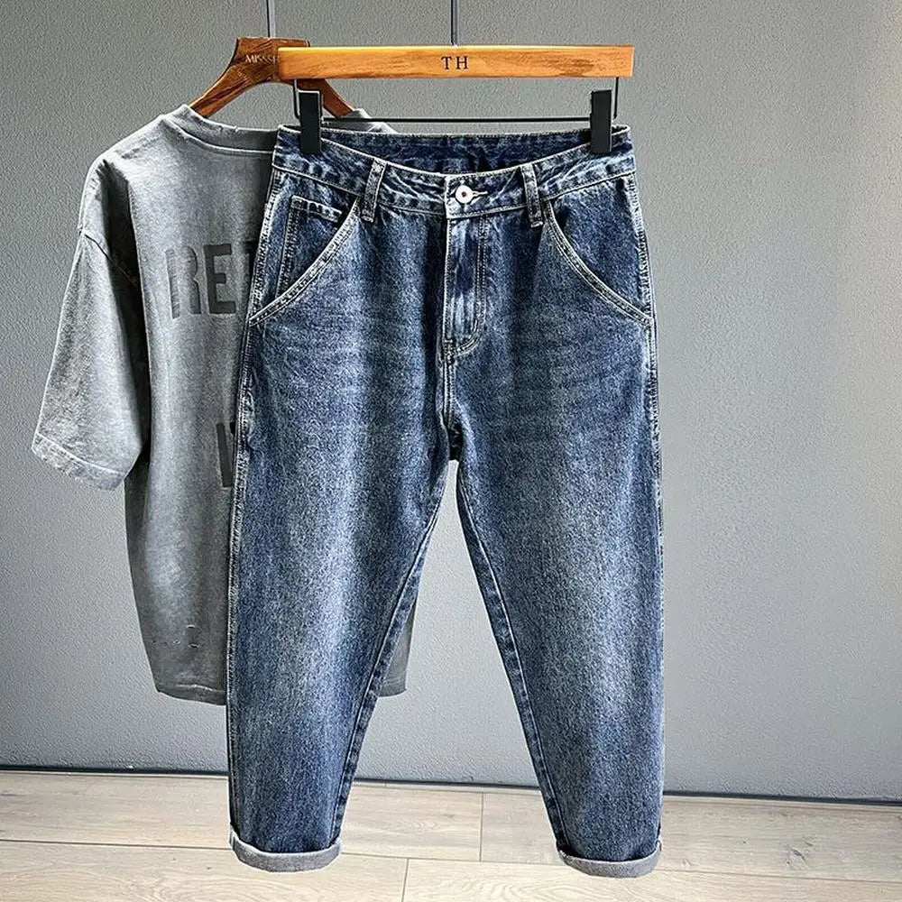 Korean Vintage Loose Tapered Men's Jeans Fashion High Street Drape Harem Pants Youth Hip Hop Streetwear Male Blue Denim Trousers - Matrix Studios