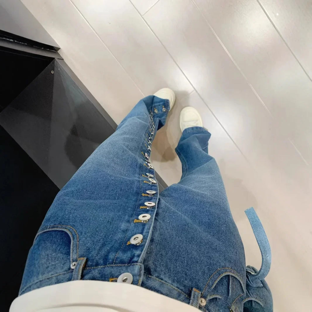 American high street breasted design straight jeans women's autumn and winter new high waist design fashion loose slim pants. - Matrix-studios.com