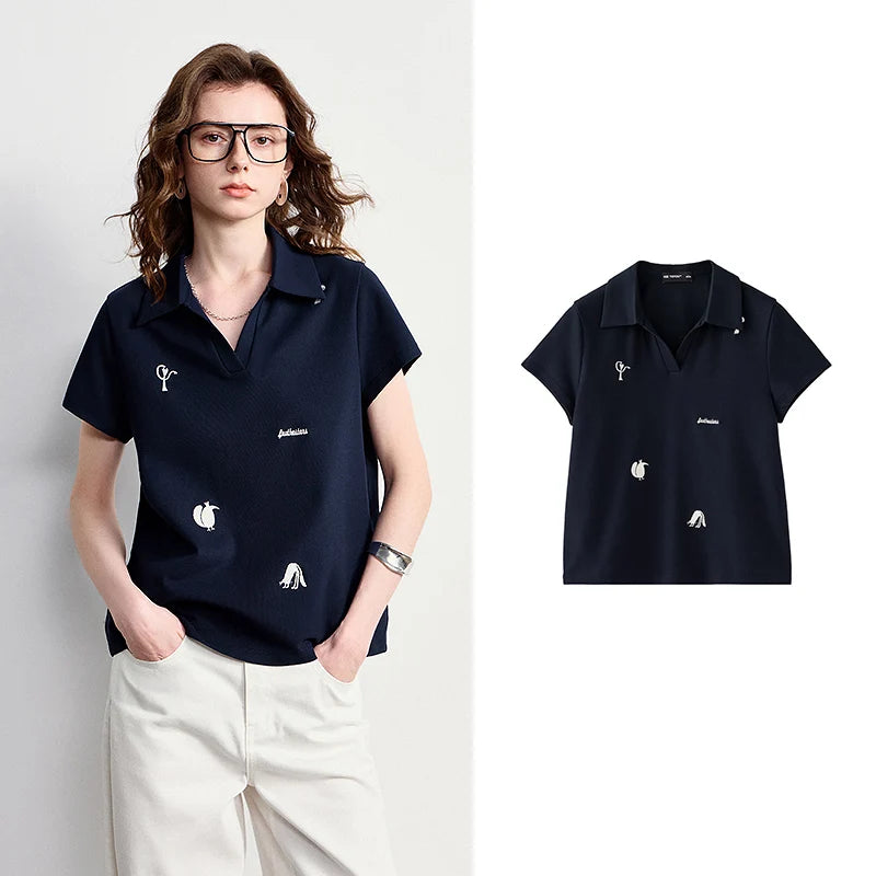 TOYOUTH Women Polo T-Shirt 2026 Summer Joint Name with Gongchangzhang Embroidered V-Neck Age-Reducing Trendy Tops - Matrix-studios.com
