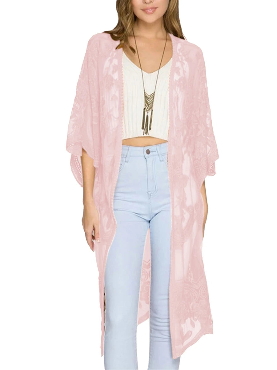 Women Beachwear Cardigan Solid Color 3/4 Sleeve See-Through Embroidery Flower Beach Dress For Women Summer Holiday Cover-Up - Matrix Studios