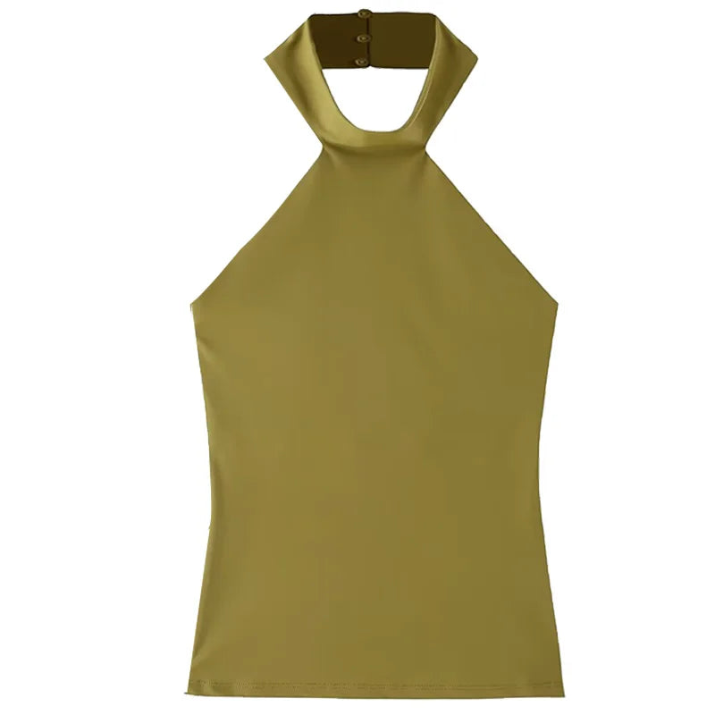 HXAO Halter Top Women Summer 2025 Tanks & Camis Green Blue Tight Tops Sexy Off Shoulder Sleeveless Backless Tops Elegant Vests - Matrix-studios.com
