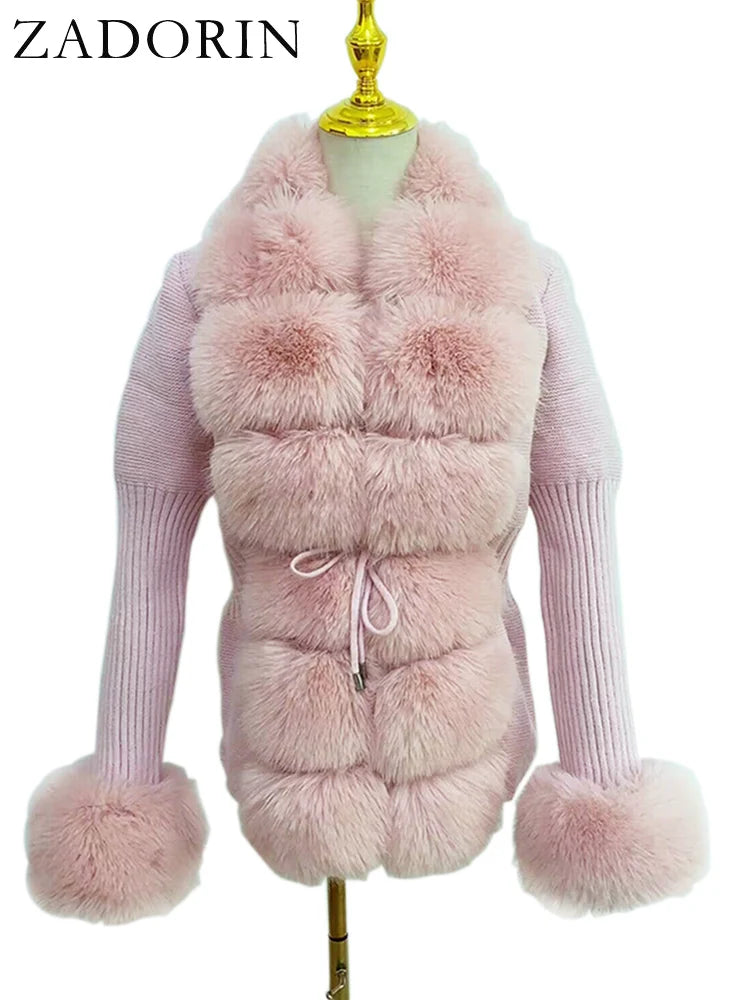 ZADORIN Autumn Winter Women Faux Fur Coat Luxury Knitted Sweater Fur Cardigan Detachable Collar White Pink Jacket Faux Fur Coats - Matrix Studios