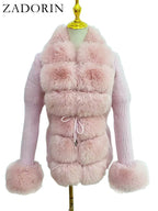 ZADORIN Autumn Winter Women Faux Fur Coat Luxury Knitted Sweater Fur Cardigan Detachable Collar White Pink Jacket Faux Fur Coats - Matrix Studios
