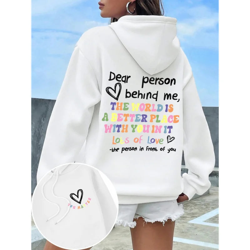 Dear Person Behind Me Hoodie Women Colored Letters Warm Fleece Woman Hoody Fur-liner Spring Autumn Hoodies Y2K Casual Tops - Matrix Studios