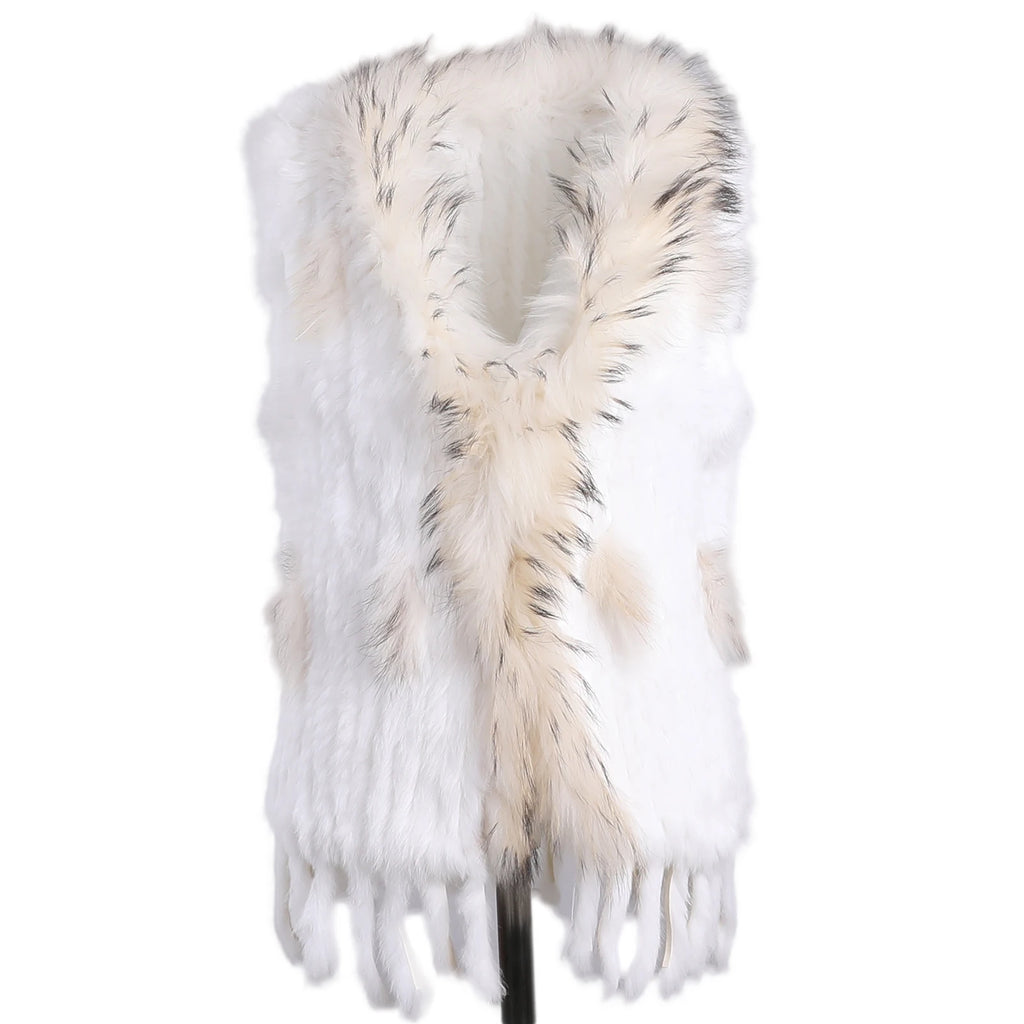 BOONJOVIA Women's 100% Real Rabbit Fur Knitted Vest Raccoon Fur Trim Collar Gilet Lady Fashion Waistcoat For Autumn Winter - Matrix Studios