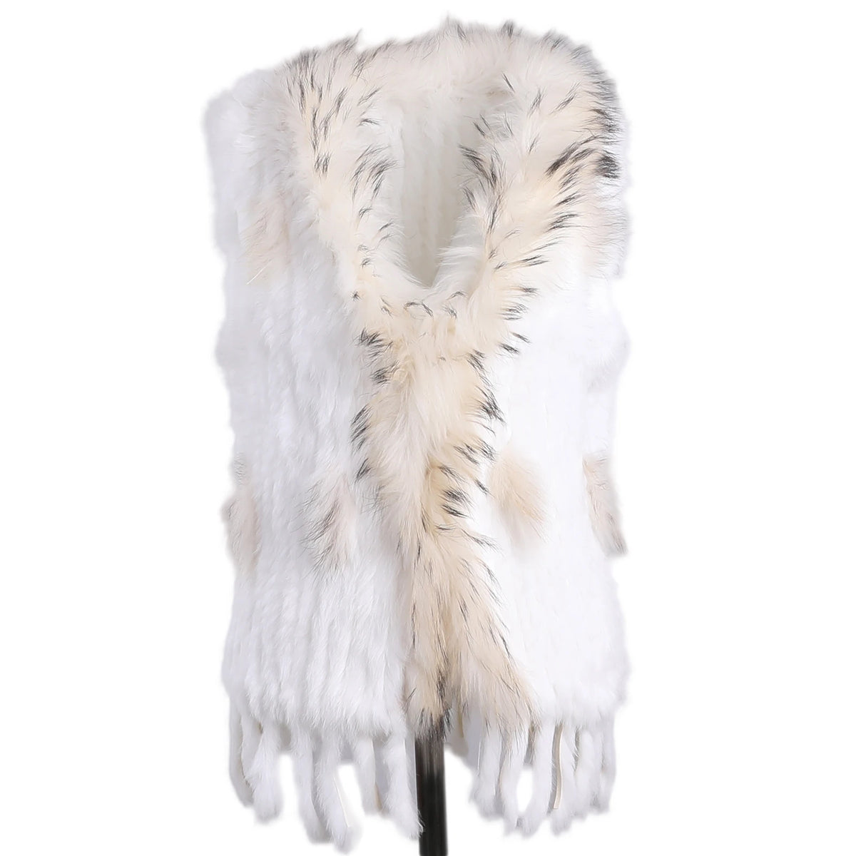 BOONJOVIA Women's 100% Real Rabbit Fur Knitted Vest Raccoon Fur Trim Collar Gilet Lady Fashion Waistcoat For Autumn Winter - Matrix Studios