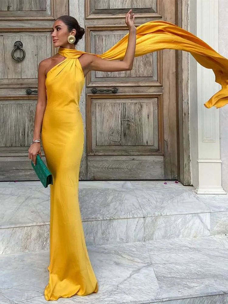 Elegant Ribbon Halter Dress Women Solid Off Shoulder Sleeveless Backless Slim Maxi Dresses 2025 Summer Autumn Party Robes Lady - Matrix-studios.com