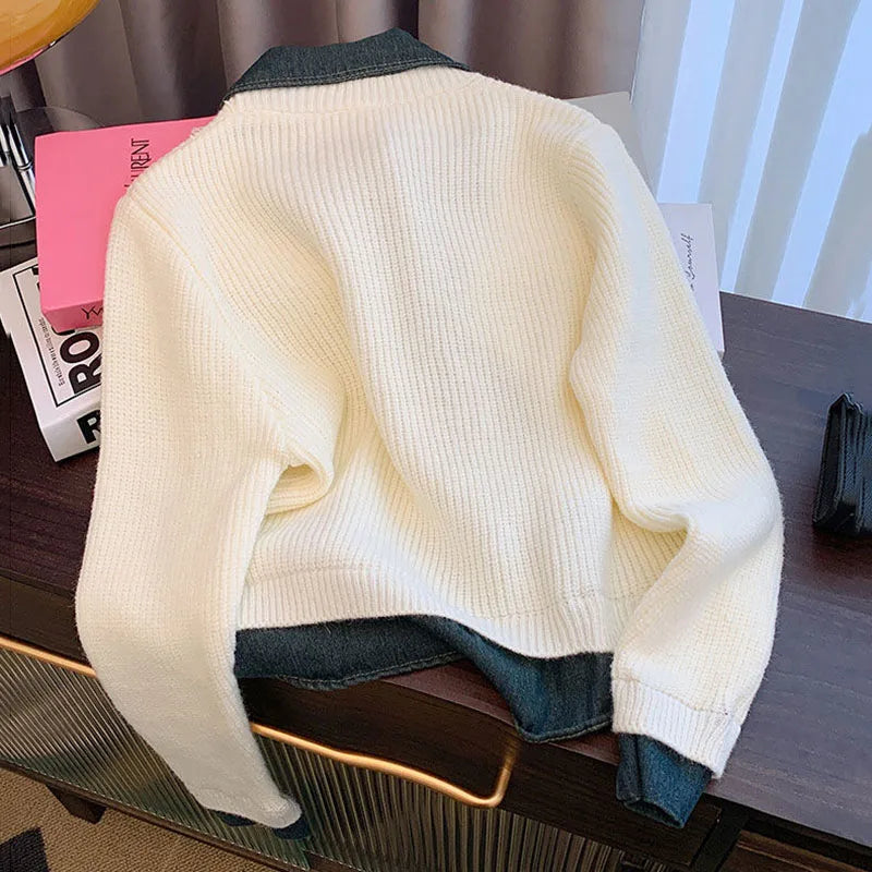 2025 Autumn Winter New Retro Fake Two-Piece knitted Cardigan Sweater Women's Fashion Spliced Denim Short Coat Female Casual Tops - Matrix Studios