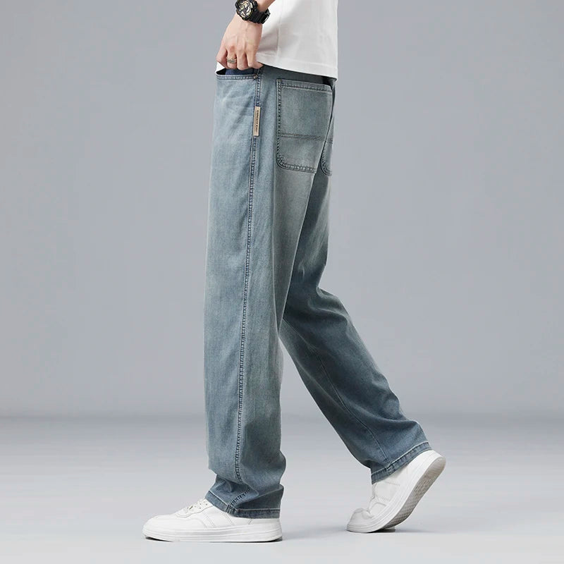 Summer Ultra-thin Lyocell Men's Jeans Drape Soft Fabric Loose Straight Casual Denim Pants Elastic Ice Silk Male Trousers - Matrix Studios
