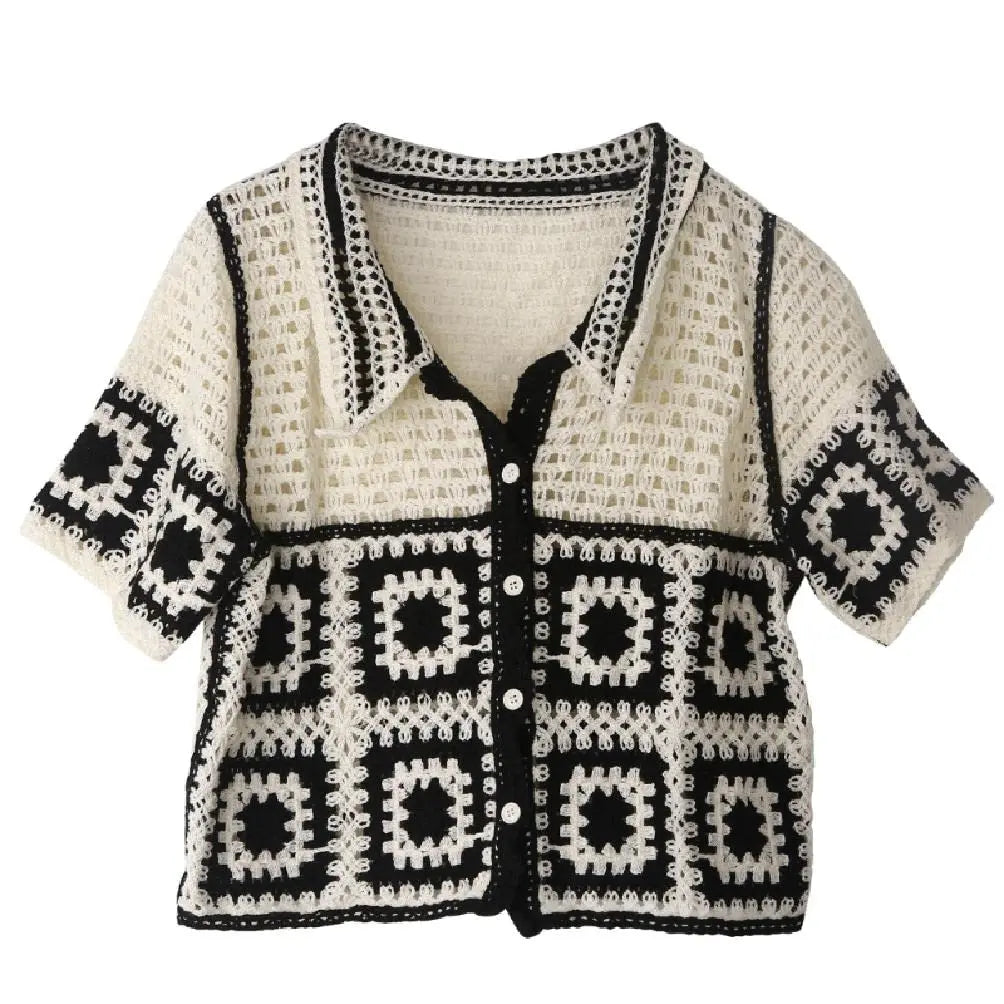 Floral Crochet Vest Top Collared Button-up Short Sleeve Sheer Crop Knit Top Cardigan for Women Teengirl Fairycore Vintage Outfit - Matrix Studios