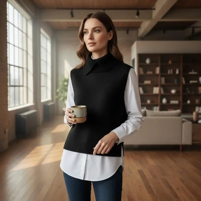 Autumn Winter Korean Solid Color Lapel Sleeveless Versatile Casual Knitted Vest For Women - Matrix Studios