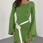 New sexy Backless Round Collar Cover-Ups Solid Color Knit Beachwear Stylish Horn Sleeve Beach suit Female Holiday wrap Dress - Matrix Studios