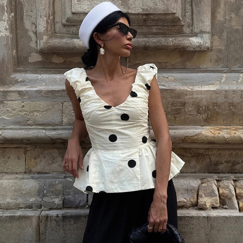 Linad Vintage Polka Dot Backless Tank Tops Summer Street Chic Slim Deep V Neck Vest Casual Ruffles Sleeveless Tops Woman 2026 - Matrix-studios.com