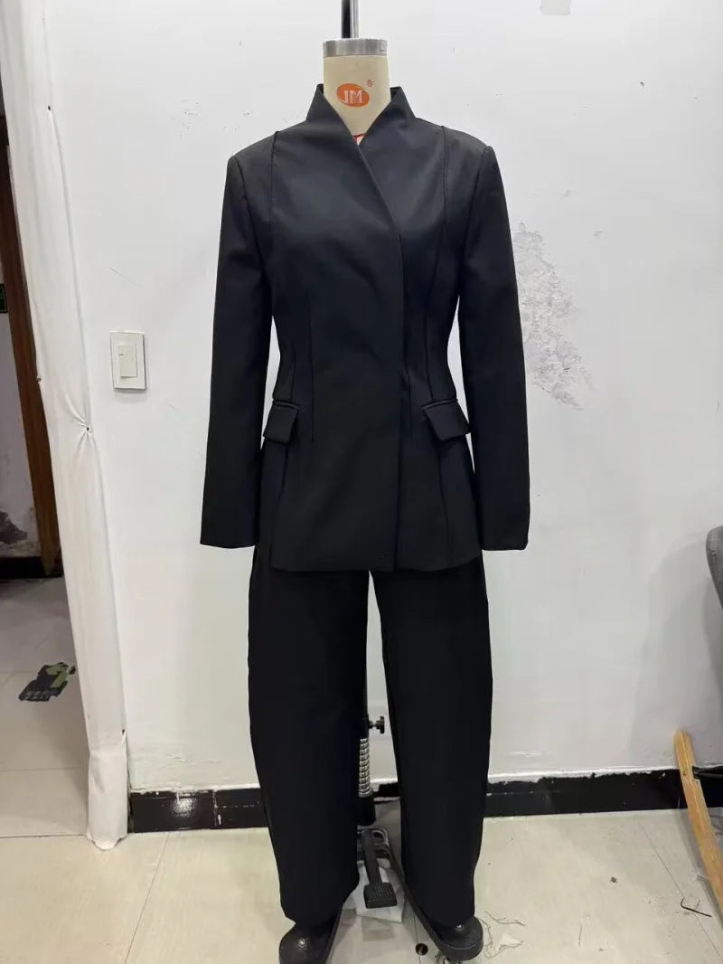 ETJ 2025 women's new fashion design three-dimensional cut high collar slim suit jacket & matching casual trousers - Matrix-studios.com